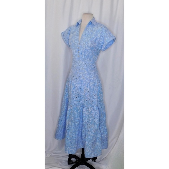 ZARA Embroidered Eyelet Lace Dress Light Blue White Tiered Midi Summer X-Small - Picture 7 of 16